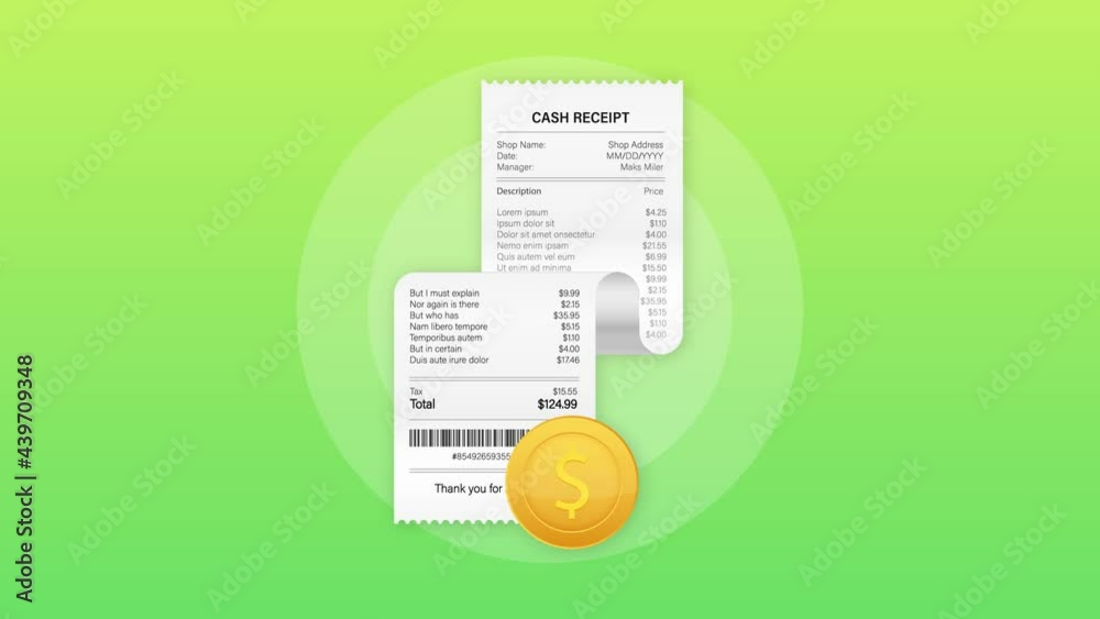 Canvas Prints Receipts illustration of realistic payment paper bills for cash or credit card transaction. Motion graphics.