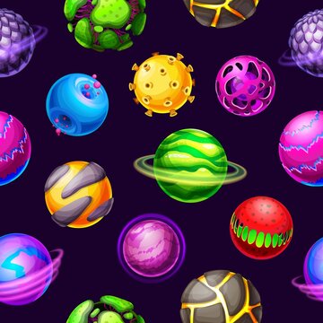 Cartoon galaxy planets and space stars seamless pattern. Vector fantasy planets, meteors and asteroids space universe background with orbit rings, glowing halos, craters and magma, cosmic backdrop