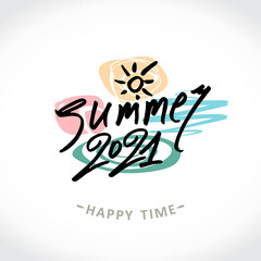 Vector logo Summer. Summer 2021. Happy time. Handwritten logo on an abstract colored background. Stylish seasonal pattern.