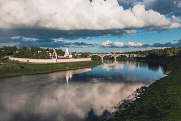 Aerial view of Assumption (Uspensky) Monastery on sunny summer day. Staritsa, Tver Oblast, Russia. High quality photo