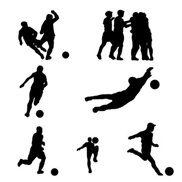 Siluetas de futbolistas con el bal&oacute;n , del portero y celebraci&oacute;n de un gol.