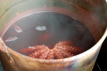 Octopus Galician style in a market