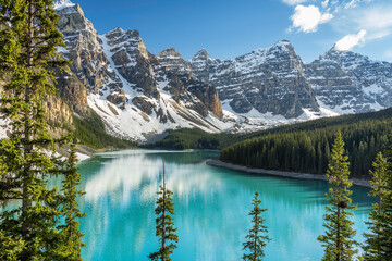 Lake Moraine and Ten Peaks Valley with the pine trees