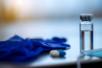 Vaccine bottle. Vaccine. Pills. Mask. Hope. 