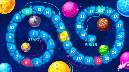 Galaxy kids board maze, space planets step by step game. Cartoon vector adventure boardgame with block path, numbers, start and finish. Educational children riddle for playschool leisure activity