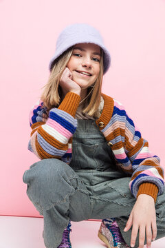 Teenage Girl Dressed 90s Style In Studio