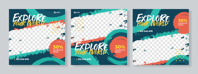 Set of three travel adventure social media pack template premium vector