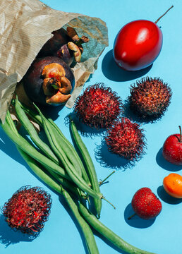 Tropical fruits on a paper bag