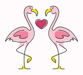 Minimalistic line art a pair of flamingos in love and the heart