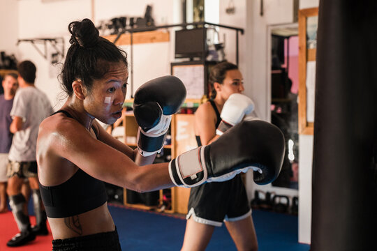 Thai Female Muay Thai Athlete Practicing On The Heavy Bag