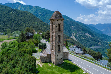Romanesque church Sant Miquel d Engolasters, Andorra - obrazy, fototapety, plakaty