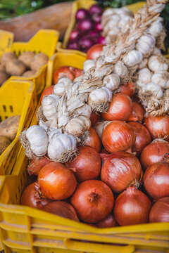 Basket of Onion and Garlic at the Marketplace
