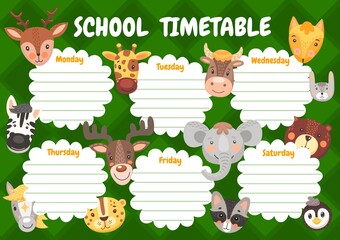 Cartoon cute animals, kids education timetable schedule. Vector school planner, weekly time table with kawaii funny zebra, giraffe and bear with moose, horse and leopard, horse, cow and elephant