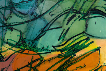 Abstract painting fragment with vibrant colors, strong shapes and brushstrokes textures. Artistic unique painting.