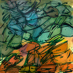 Abstract painting with vibrant colors, strong shapes and brushstrokes textures. Artistic unique painting.