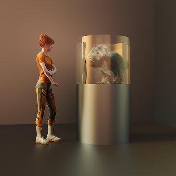 Extinction series: aninmals in glass cases in futuristic settings