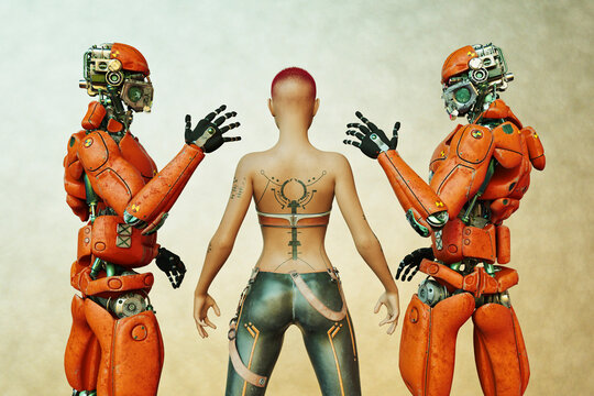 Futuristic woman with tattoo implants and robots
