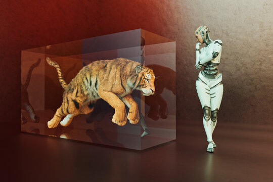 Extinction series: aninmals in glass cases in futuristic settings