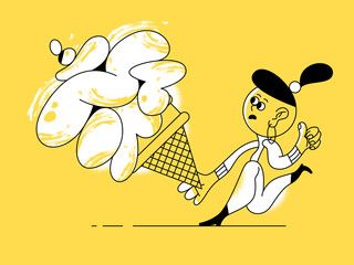 trendy hipster woman holding melted ice cream on yellow background.