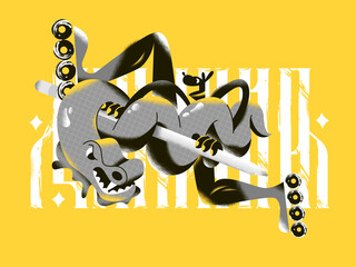 Conceptual roller skating dog killing a dragon snake with an Apple pencil. 