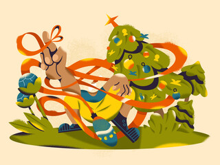 Santa Claus under Christmas tree playing festive yoyo ornaments