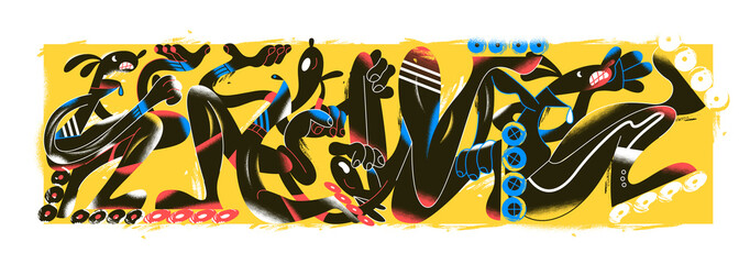 Human body dog characters roller skating in limited space