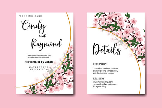 Wedding invitation frame set, floral watercolor Digital hand drawn Sakura Cherry Blossom Flower design Invitation Card Template