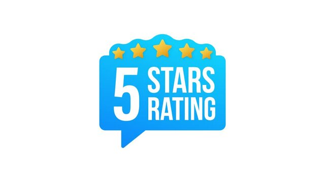 5 star rating. Badge with icons on white background. Motion graphics.
