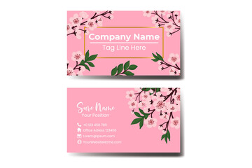 Business Card Template Sakura Cherry Blossom Flower .Double-sided Blue Colors. Flat Design Vector Illustration. Stationery Design