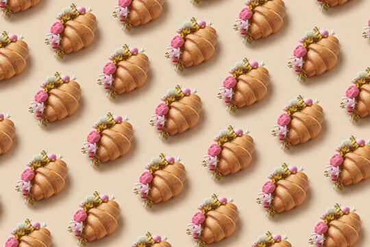 Pattern of croissants with flowers