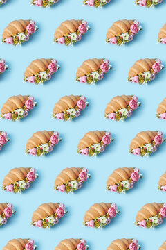 Pattern of croissants with peonies