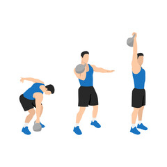 Man doing Kettlebell single arm clean and press exercise. Flat vector illustration isolated on white background