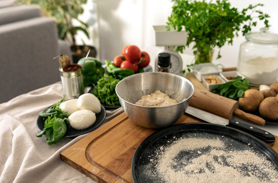 Pizza Ingredients on kitchen table