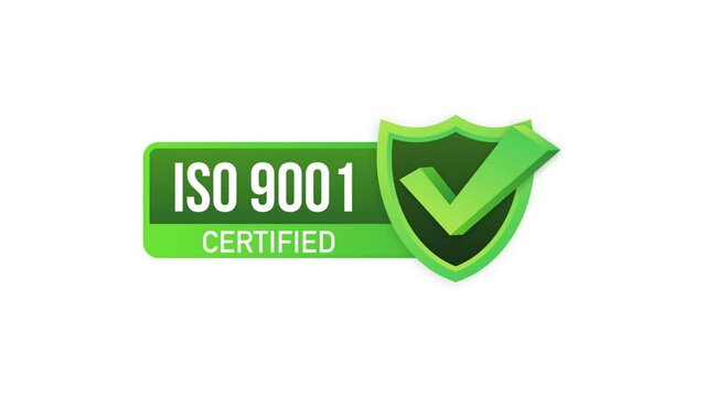 ISO 9001 Certified badge, icon. Certification stamp. Flat design. Motion graphics.