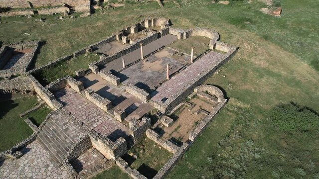 Aerial view of archaeological site, ruins of ancient town and church basilica, Bargala, Stip, Macedonia