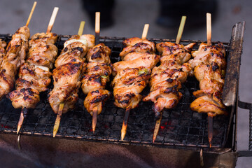Chicken kebabs roasting on a grill