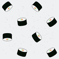 Cartoon Japanese sushi pattern design. Salmon sushi roll cut into pieces. Hand-drawn pattern design for web and print. Trendy minimalistic Asian food pattern.