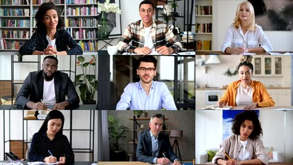 Group brainstorm, online business briefing. Successful multiracial people talking on a video call, online virtual meeting with partners, diverse multi ethnic colleagues people on the screen