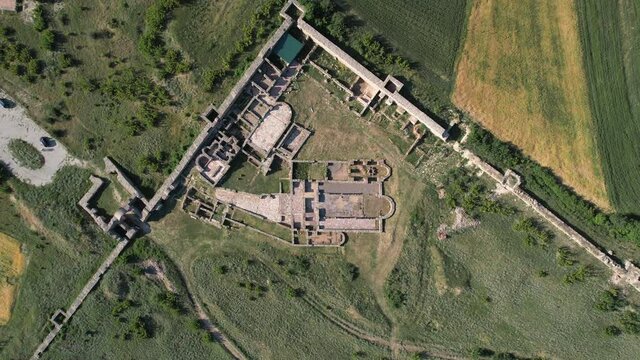 Aerial view of archaeological site, ruins of ancient town and church basilica, Bargala, Stip, Macedonia
