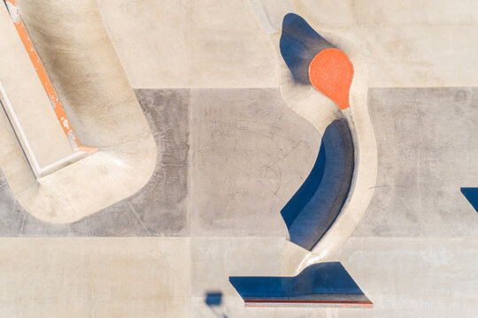 Aerial views over concrete skate park 