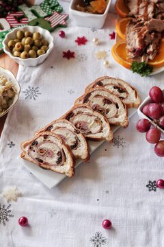 Traditional bread with ham and olives 