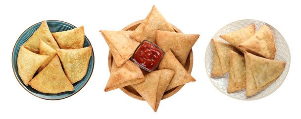 Set with crispy delicious samosas on white background, top view. Banner design