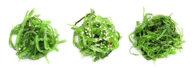 Japanese seaweed salad on white background, top view. Collage