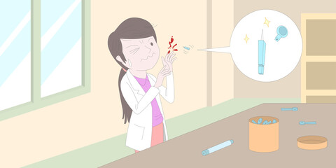 산업안전관리 생물안전 삽화_란셋에 찔림 사고