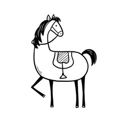 Doodle horse with saddle. Hand drawn sketch style. Cute horse for kids, children vector illustration.