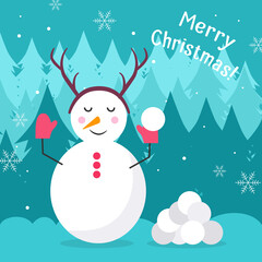 Snowman in mittens with antlers on his head, holding a snowball in his hands, next to him lies a bunch of stuck snowballs. The background consists of trees and snowflakes. Merry Christmas card. Flat