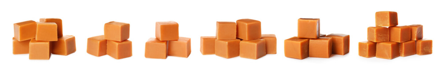 Set with delicious caramel candies on white background. Banner design