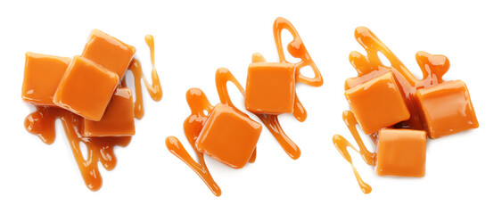 Set of delicious caramel candies with sauce on white background, top view. Banner design