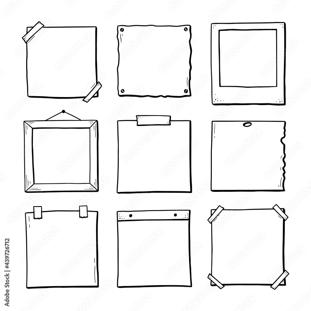 Poster hand drawn set of paper sticker, photo frame, picture border. doodle sketch style. frame of square a