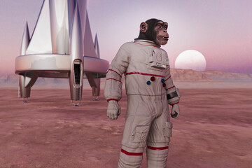 Chimpanzee astronaut explores new world with rocket and planet in background